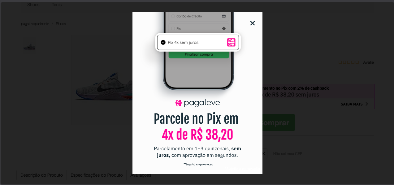 Detalhe aberto do calculador da Pagaleve com o valor das parcelas quinzenais