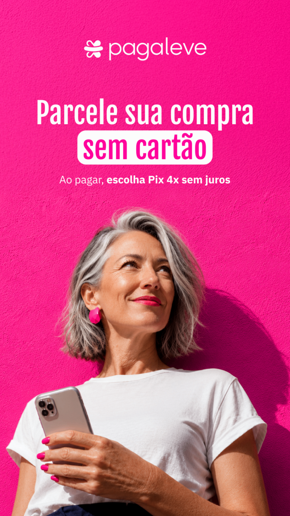 Peça de story em fundo rosa com a frase "Parcele sua compra sem cartão".