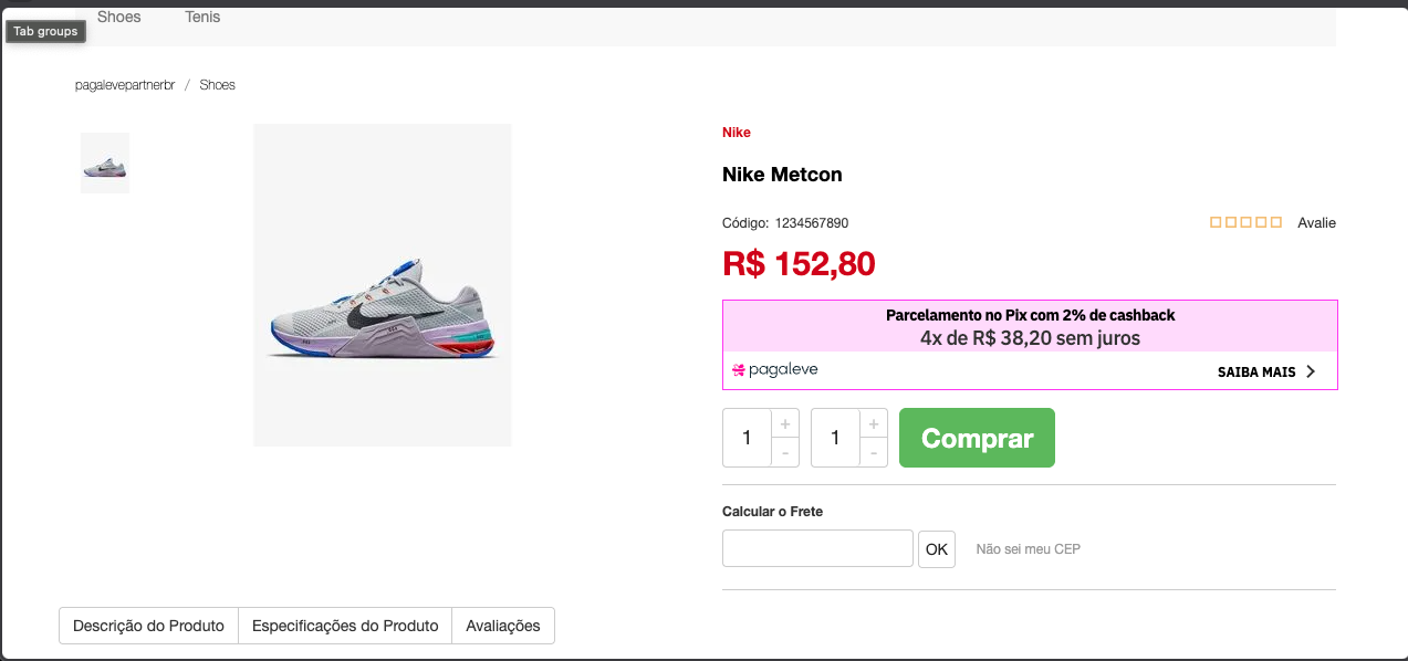 Página de produto com o calculador da Pagaleve abaixo do preço, mostrando 4x sem juros