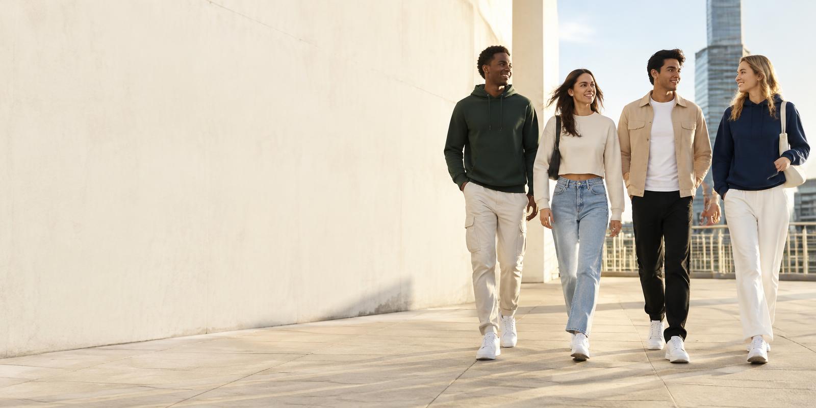 Pessoas caminhando com roupas casuais e tênis brancos